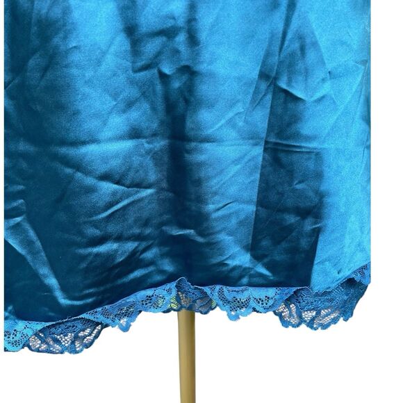 Teal Blue Satin Lace Slip Dress Chemise M Y2K Lingerie Aesthetic Crisscross - Picture 8 of 13